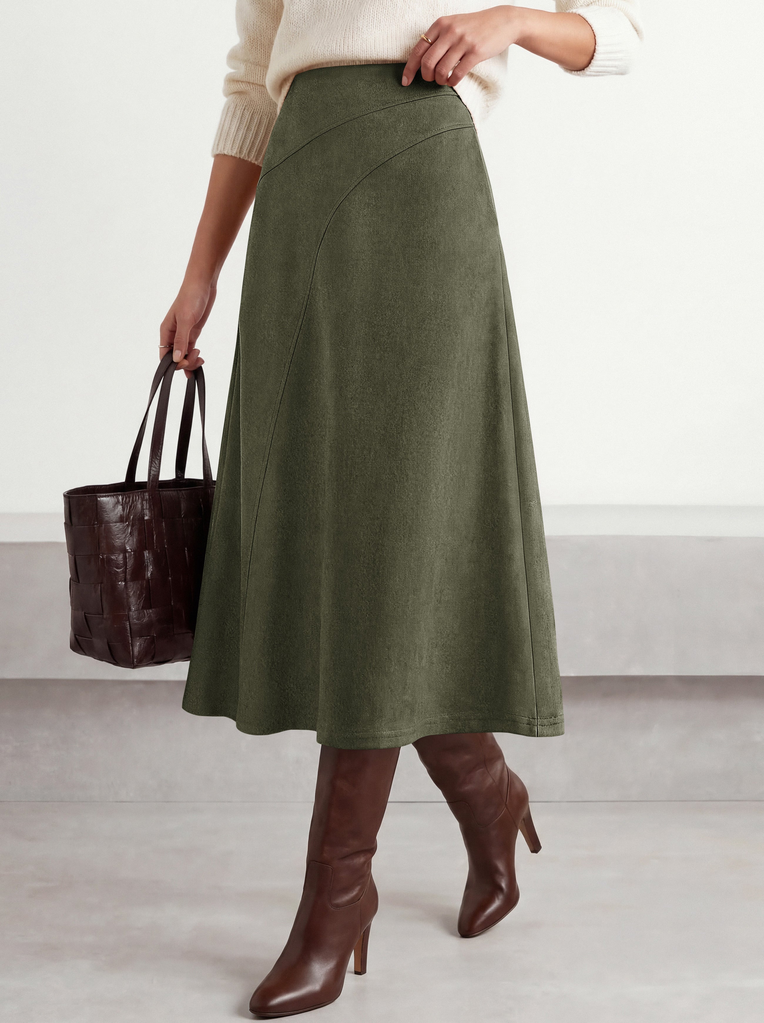 BTFBM Women Faux Suede Midi Long Skirt Fall Fashion 2026 | High Waisted Skirts For Women Trendy, Lightweight, Back Elastic, Arc Line Design, A-Line, Winter Dress, Boho Western Outfits
