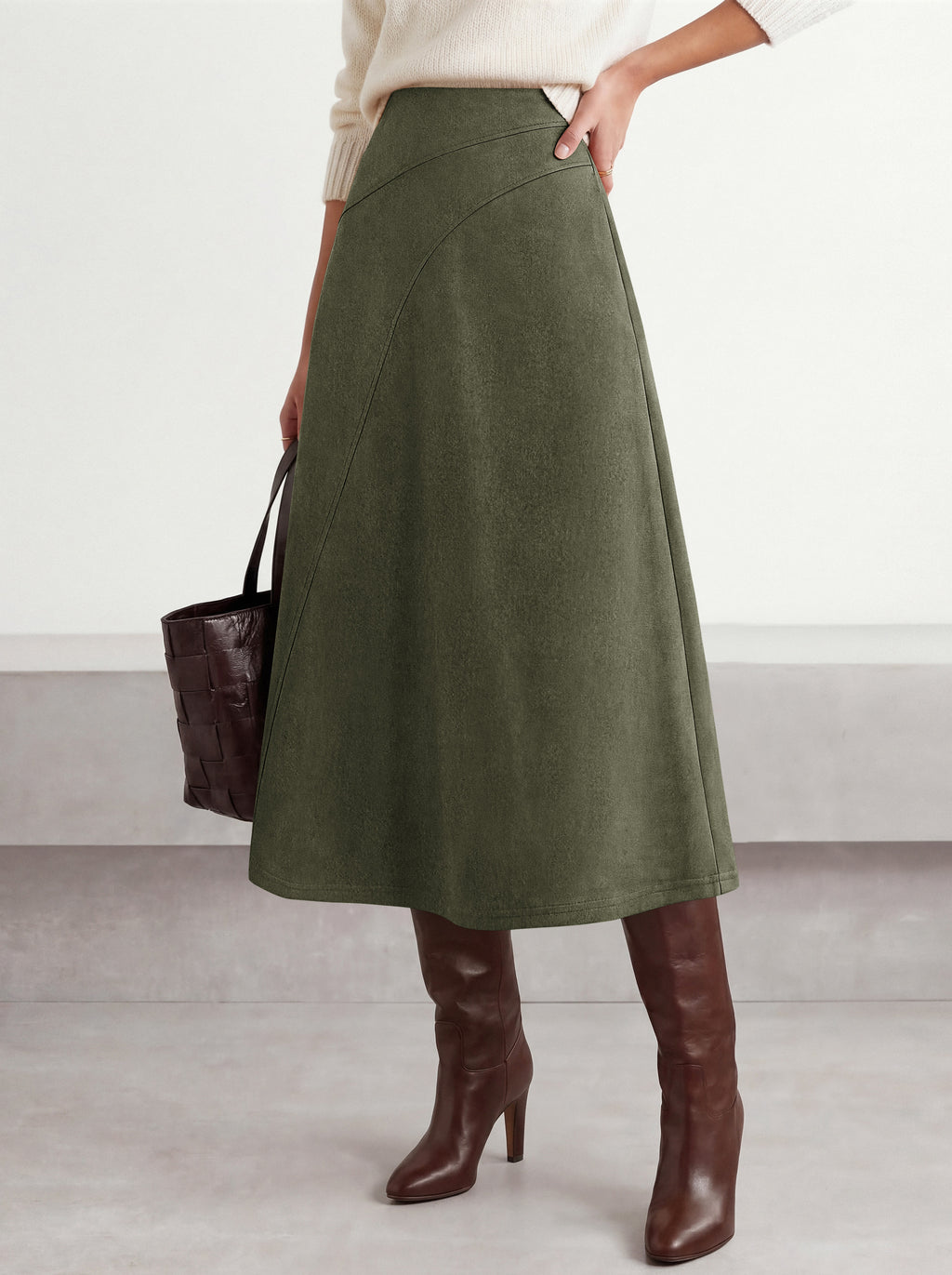 BTFBM Women Faux Suede Midi Long Skirt Fall Fashion 2026 | High Waisted Skirts For Women Trendy, Lightweight, Back Elastic, Arc Line Design, A-Line, Winter Dress, Boho Western Outfits