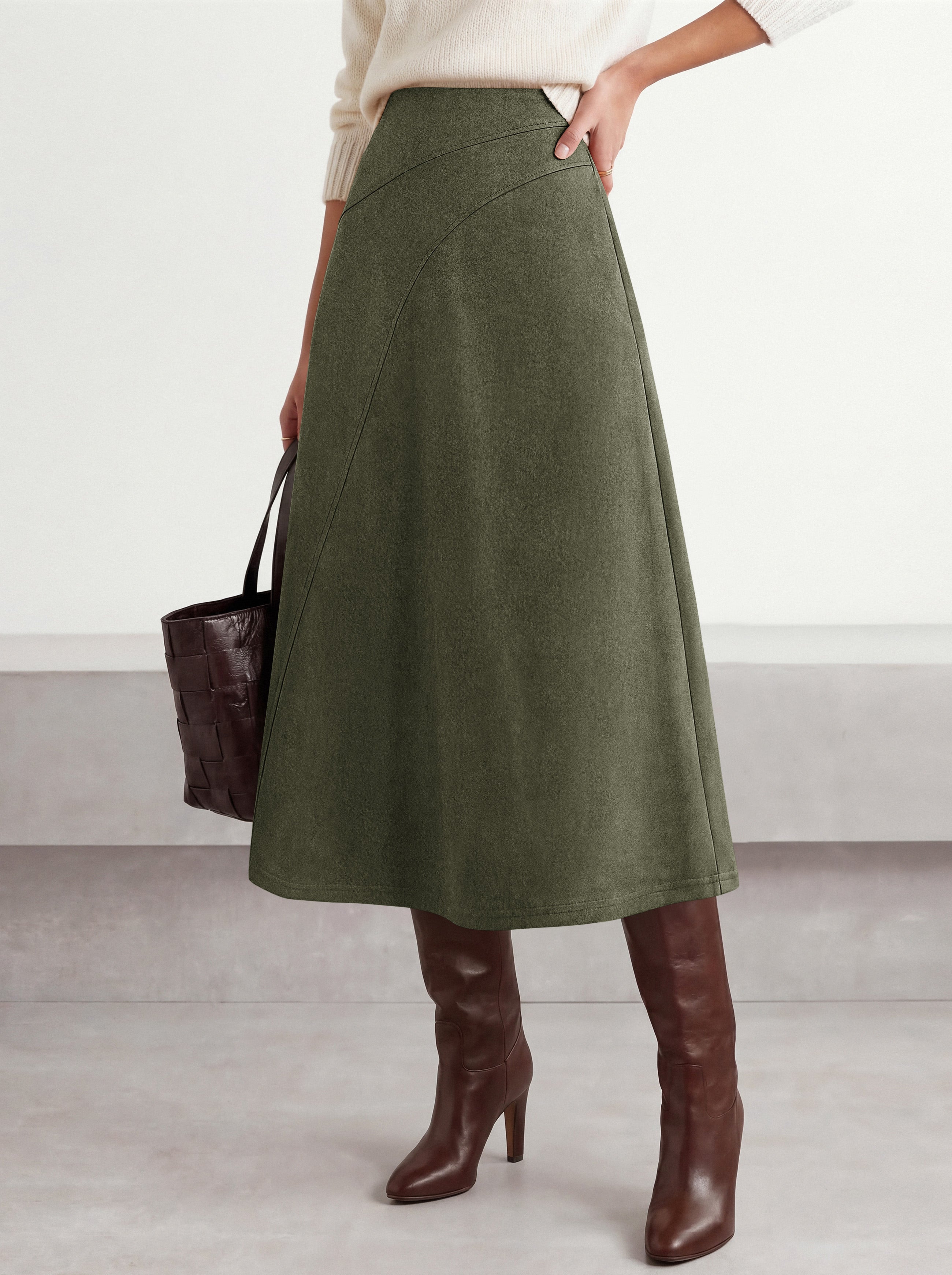 BTFBM Women Faux Suede Midi Long Skirt Fall Fashion 2026 | High Waisted Skirts For Women Trendy, Lightweight, Back Elastic, Arc Line Design, A-Line, Winter Dress, Boho Western Outfits