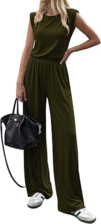 BTFBM 2 Piece Sets for Women Spring 2026 Casual Shoulder Pad Tank Top Wide Leg Pants Matching Set Travel Airport Outfits