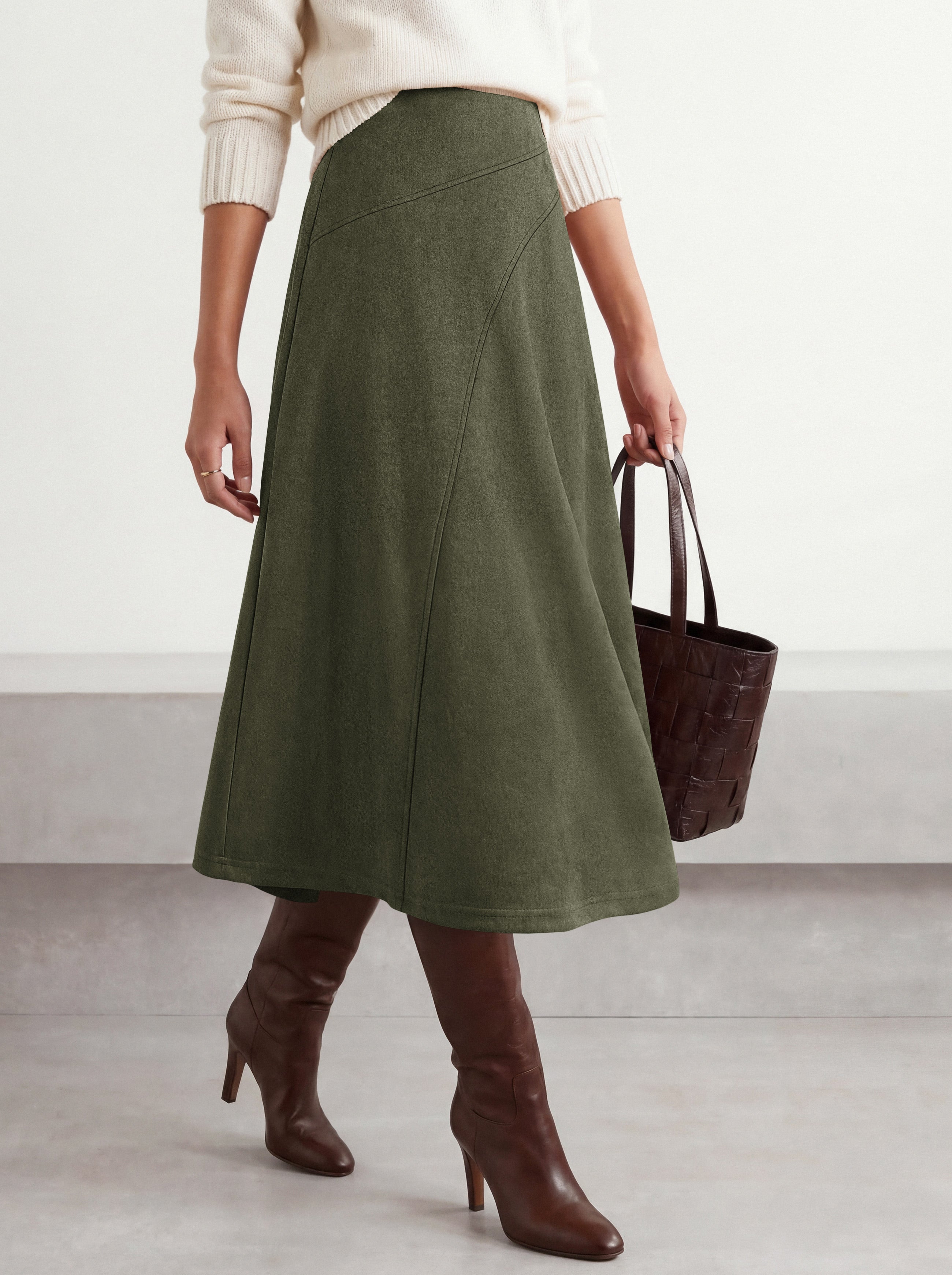 BTFBM Women Faux Suede Midi Long Skirt Fall Fashion 2026 | High Waisted Skirts For Women Trendy, Lightweight, Back Elastic, Arc Line Design, A-Line, Winter Dress, Boho Western Outfits