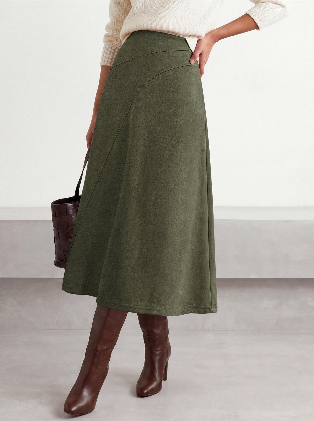 BTFBM Women Faux Suede Midi Long Skirt Fall Fashion 2026 | High Waisted Skirts For Women Trendy, Lightweight, Back Elastic, Arc Line Design, A-Line, Winter Dress, Boho Western Outfits