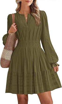 BTFBM Mini Dresses for Women 2025 Casual Lightweight Long Sleeve V Neck A Line Elastic Waist Party Holiday Dress