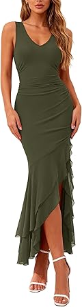 BTFBM Summer Dresses for Women 2026 Bodycon Ruched Sleeveless V Neck Solid Maxi Cocktail Wedding Guest Dress