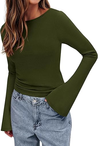 BTFBM Long Sleeve Shirts for Women 2026 Spring Y2K Clothes Casual Boat Neck Bell Sleeve Fitted Fall Going Out Tops