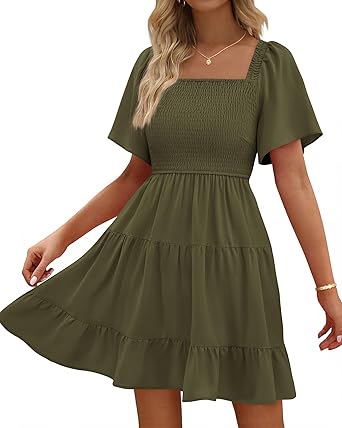 BTFBM Womens Summer Smocked Mini Dress Spring Square Neck Flutter Sleeve Casual Ruffle Swing Boho Beach Dresses Pockets