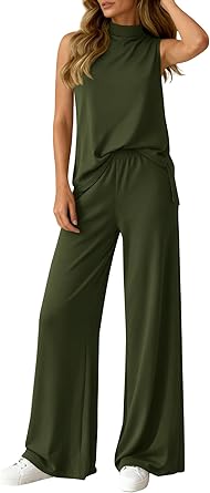 BTFBM Summer 2 Piece Lounge Sets For Women Sleeveless Mock Neck Top Wide Leg Pants Airport Travel Beach Vacation Outfits