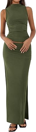 BTFBM Womens Two Piece Outfits Summer Lightweight 2026 Mock Neck Sleeveless Knit Tops Maxi Skirt Set Going Out Dress