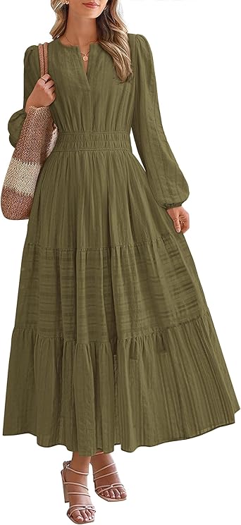 BTFBM Fall Dresses for Women 2025 Casual Long Sleeve V Neck Elastic Waist Lightweight Maxi Wedding Guest Dress Pockets