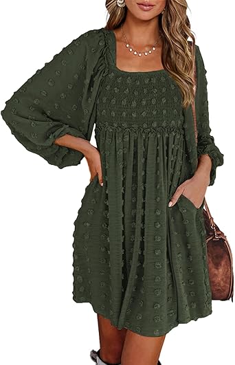 BTFBM Womens Long Sleeve Dress Vacation Square Neck Smocked Floral Swiss Dot Mini Boho Spring Wedding Guest Dresses 2026