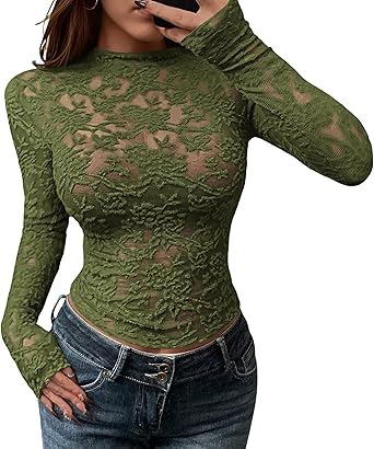 BTFBM Mesh Long Sleeve Tops for Women Lace Sexy Sheer Tight See Through Crew Neck Spring Fall 2026 Party Club Outfits