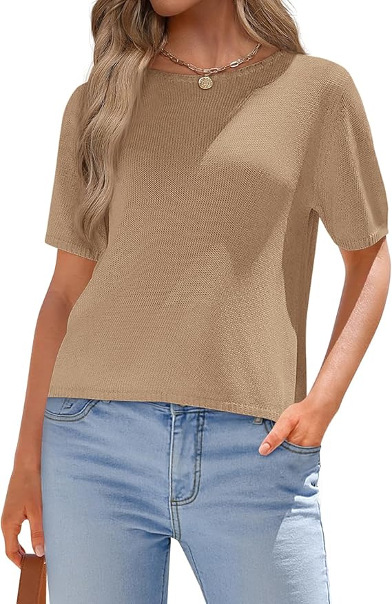 BTFBM Short Sleeve Sweater for Women Spring Tops Crew Neck Lightweight Pullover Loose Dressy Casual Blouse Basic Clothes