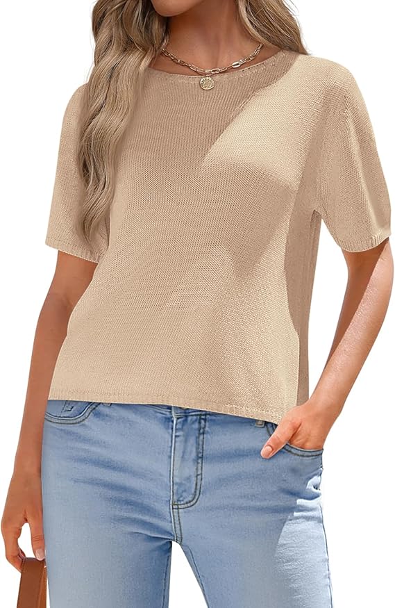 BTFBM Short Sleeve Sweater for Women Spring Tops Crew Neck Lightweight Pullover Loose Dressy Casual Blouse Basic Clothes