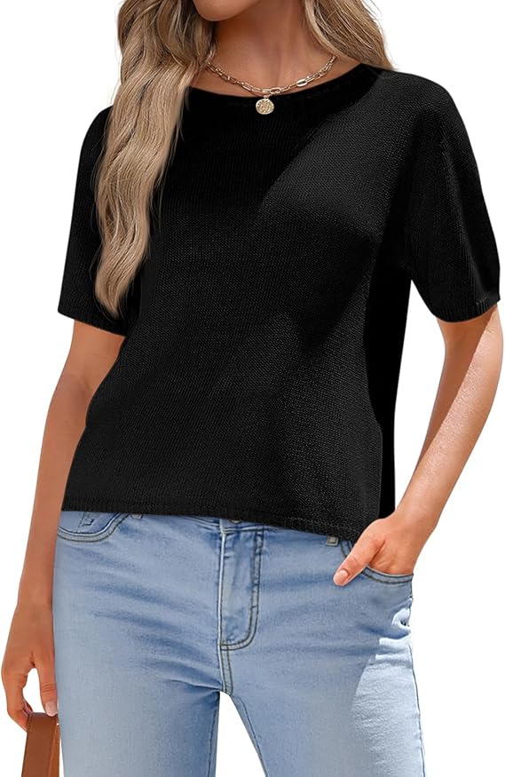 BTFBM Short Sleeve Sweater for Women Spring Tops Crew Neck Lightweight Pullover Loose Dressy Casual Blouse Basic Clothes