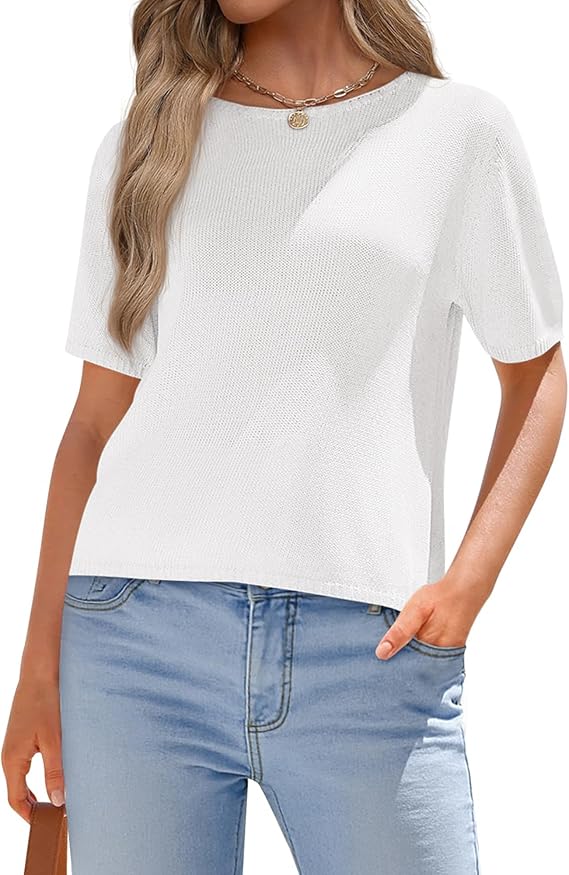 BTFBM Short Sleeve Sweater for Women Spring Tops Crew Neck Lightweight Pullover Loose Dressy Casual Blouse Basic Clothes