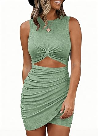BTFBM Women 2026 Summer Dresses Sleeveless Casual Crewneck Bodycon Cutout Twist Slim Wrap Club Party Beach Mini Dress