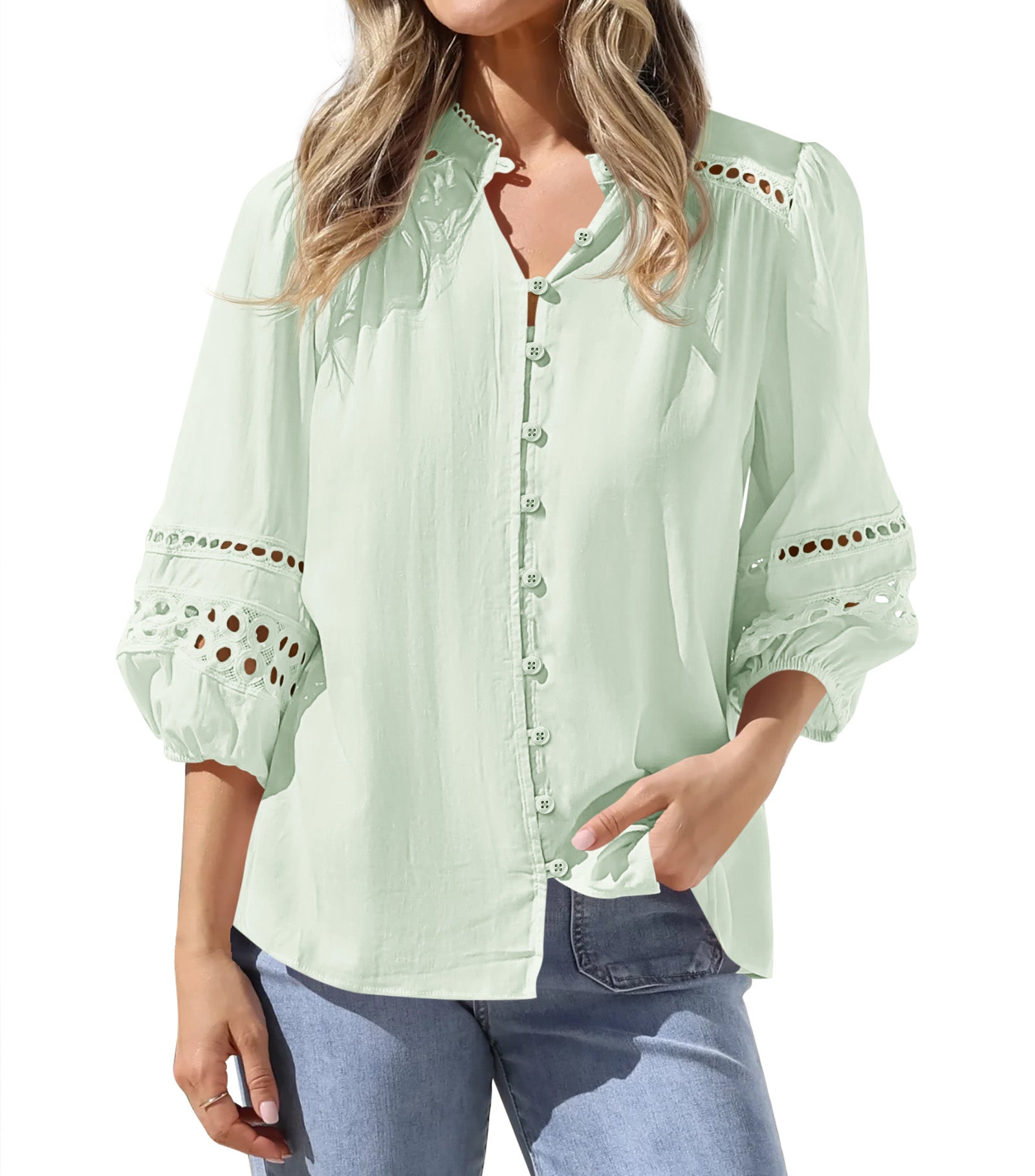 BTFBM 3/4 Length Sleeve Womens Tops Summer Blouses Eyelet Hollow Out Button Down Shirts Business Casual Outfits 2026