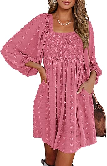 BTFBM Womens Long Sleeve Dress Vacation Square Neck Smocked Floral Swiss Dot Mini Boho Spring Wedding Guest Dresses 2026