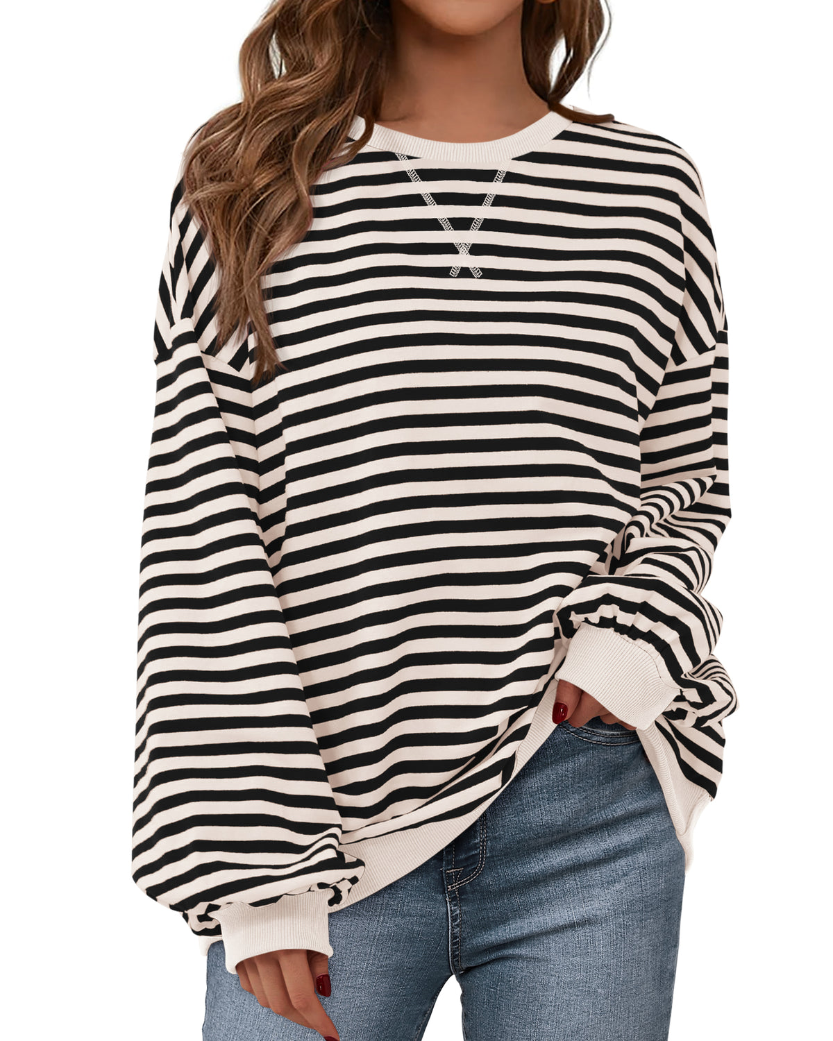 BTFBM Sweatshirt For Women 2026 Summer Crewneck Long Sleeve Oversized Striped Pullover Tops Y2K Clothes Workout Shirt