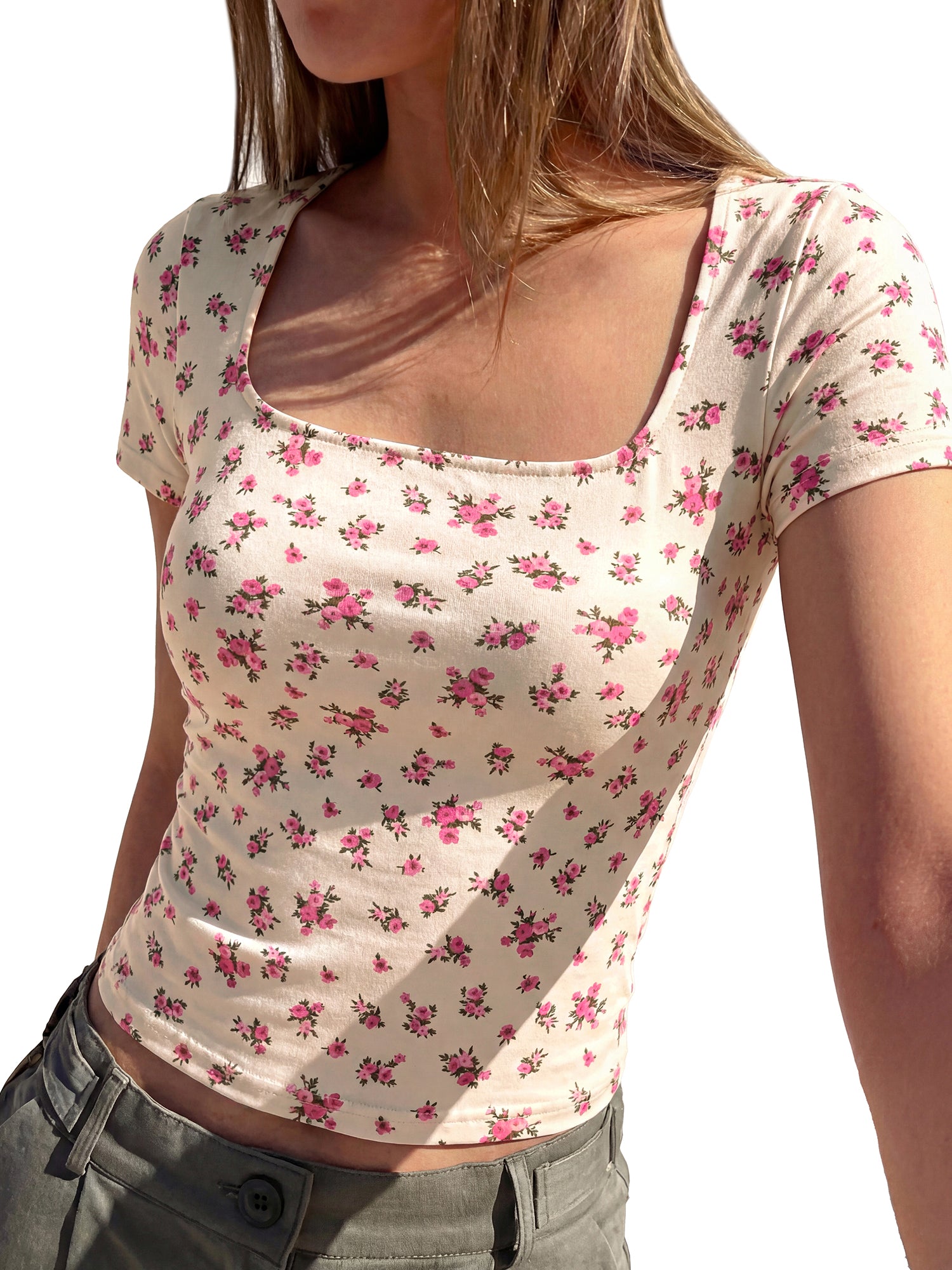 BTFBM Floral Square Neck Tops for Women 2026 Trendy Summer Outfits Short Sleeve Shirts Boho Top Beach Vacation Clothes