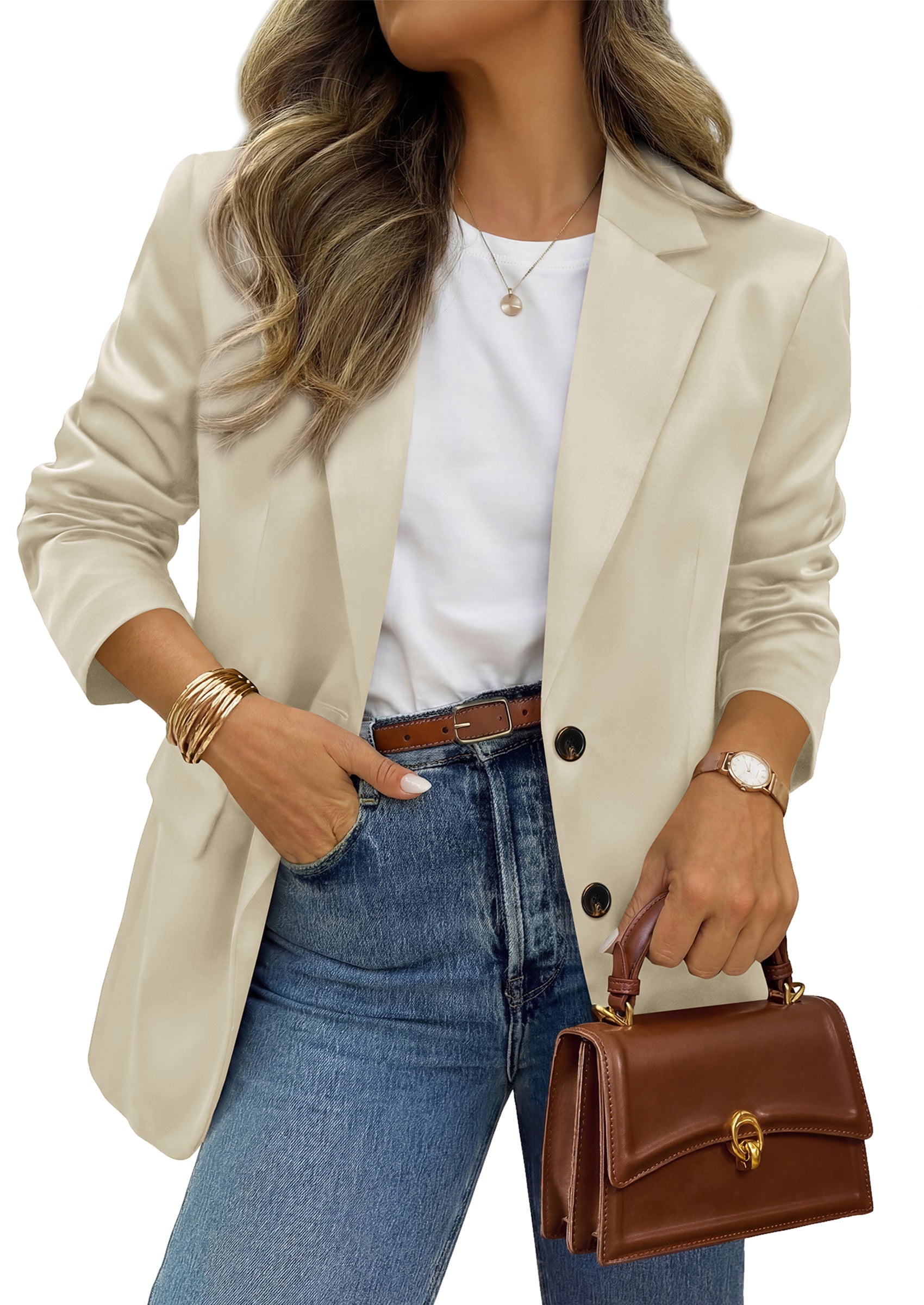 BTFBM Satin Long Sleeve Blazers for Women 2026 Work Office Suit Jackets with Pockets,Business Casual Outfits,Fall Winter