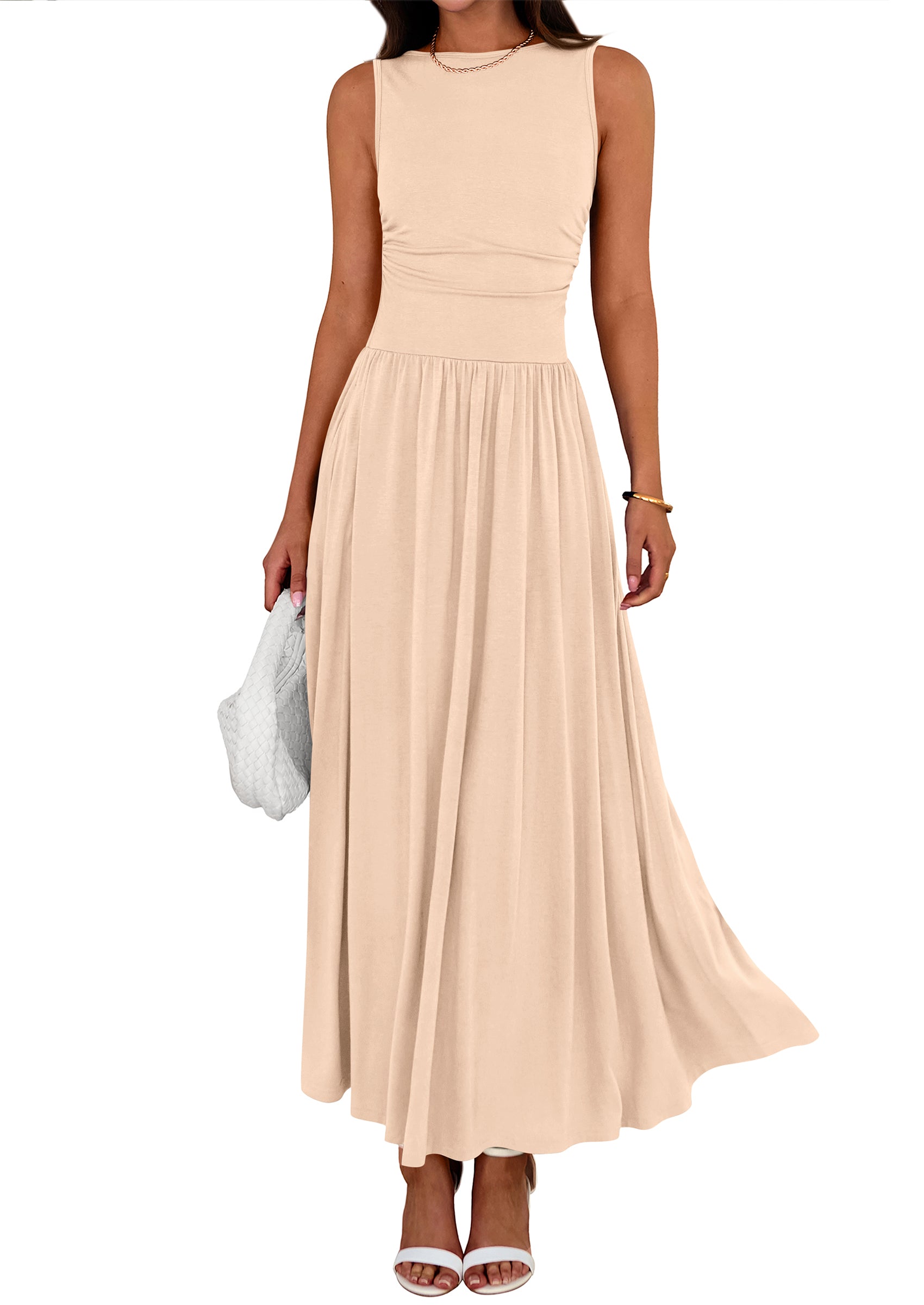 BTFBM Summer Maxi Dresses for Women 2026 Spring Sleeveless Casual Ruched High Waisted Long Sundress Flowy Beach Dress