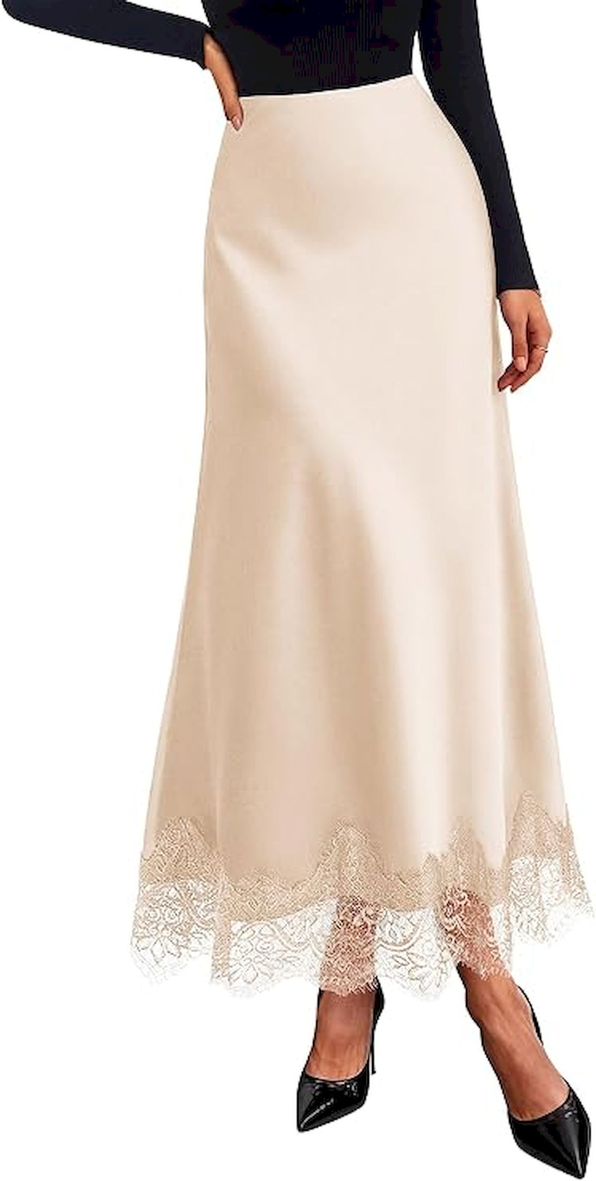 BTFBM Lace Trim Satin Skirts for Women Elegant | High Waisted,Maxi Skirt,Cocktail Party Wedding Guest,Summer Fall Outfits