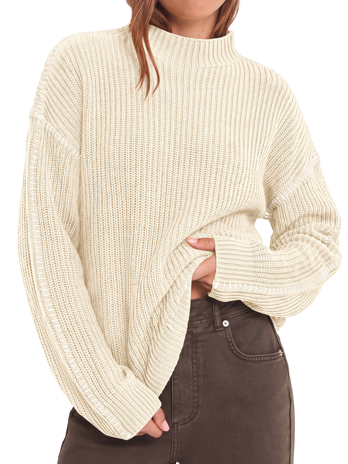 BTFBM Womens Oversized Sweaters Contrast Chunky Knit Sweater  Loose Fit Mock Neck Long Sleeve Tops, Soft Cozy Knitwear, Fall Fashion 2026, Casual Winter Clothing, Daily Going Out Outfits