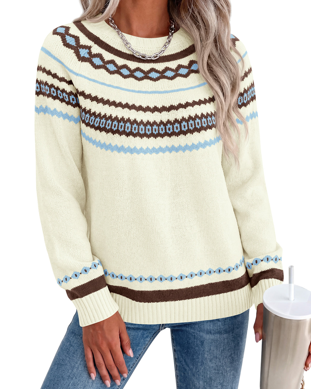 BTFBM Womens Sweaters Fall 2026 Casual Long Sleeve Sweater | Fair Isle,Stretchy,Lightweight, Crew Neck, Ribbed Hem,Long Sleeve Knit Pullover, Chunky Sweaters, Loose Tops, Fashion Clothes