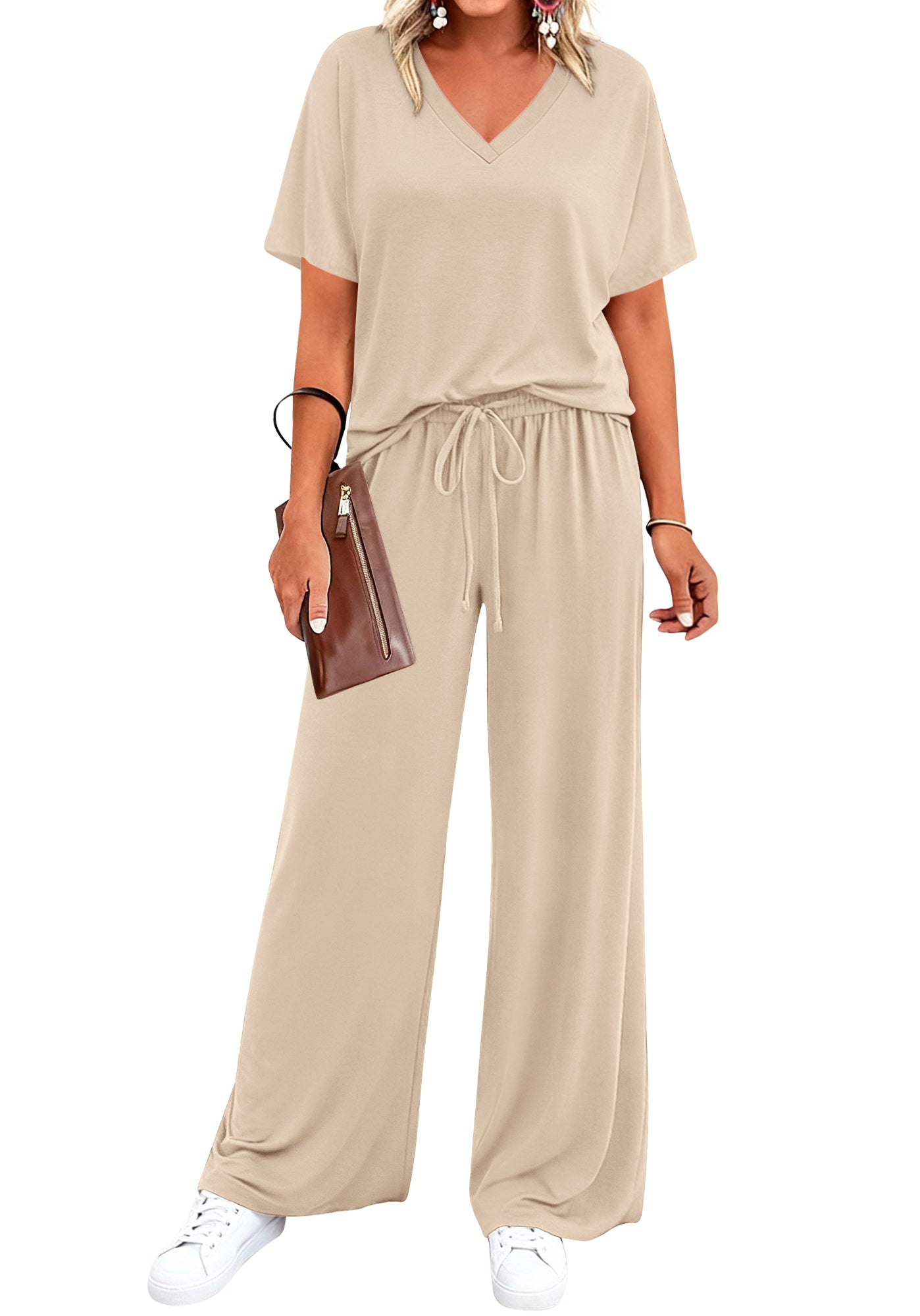 BTFBM 2 Piece Sets for Women Summer V Neck Short Sleeve Lounge Set Wide Leg Pants Matching Set Airport Travel Outfits