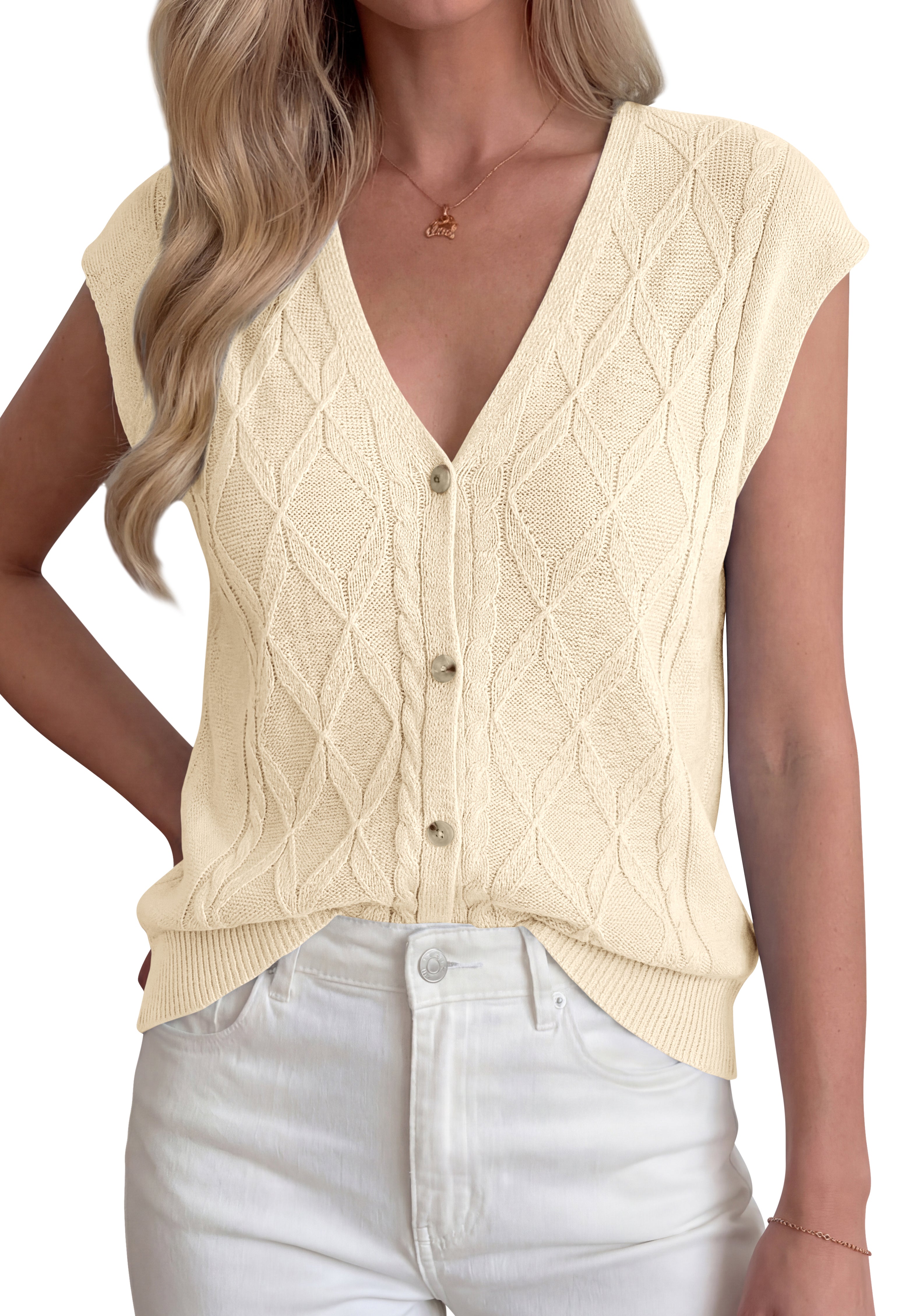 BTFBM Sweater Vest Women V Neck Cap Sleeve Button Down Knit Tops Spring Summer 2026 Casual Lightweight Cardigan Vests