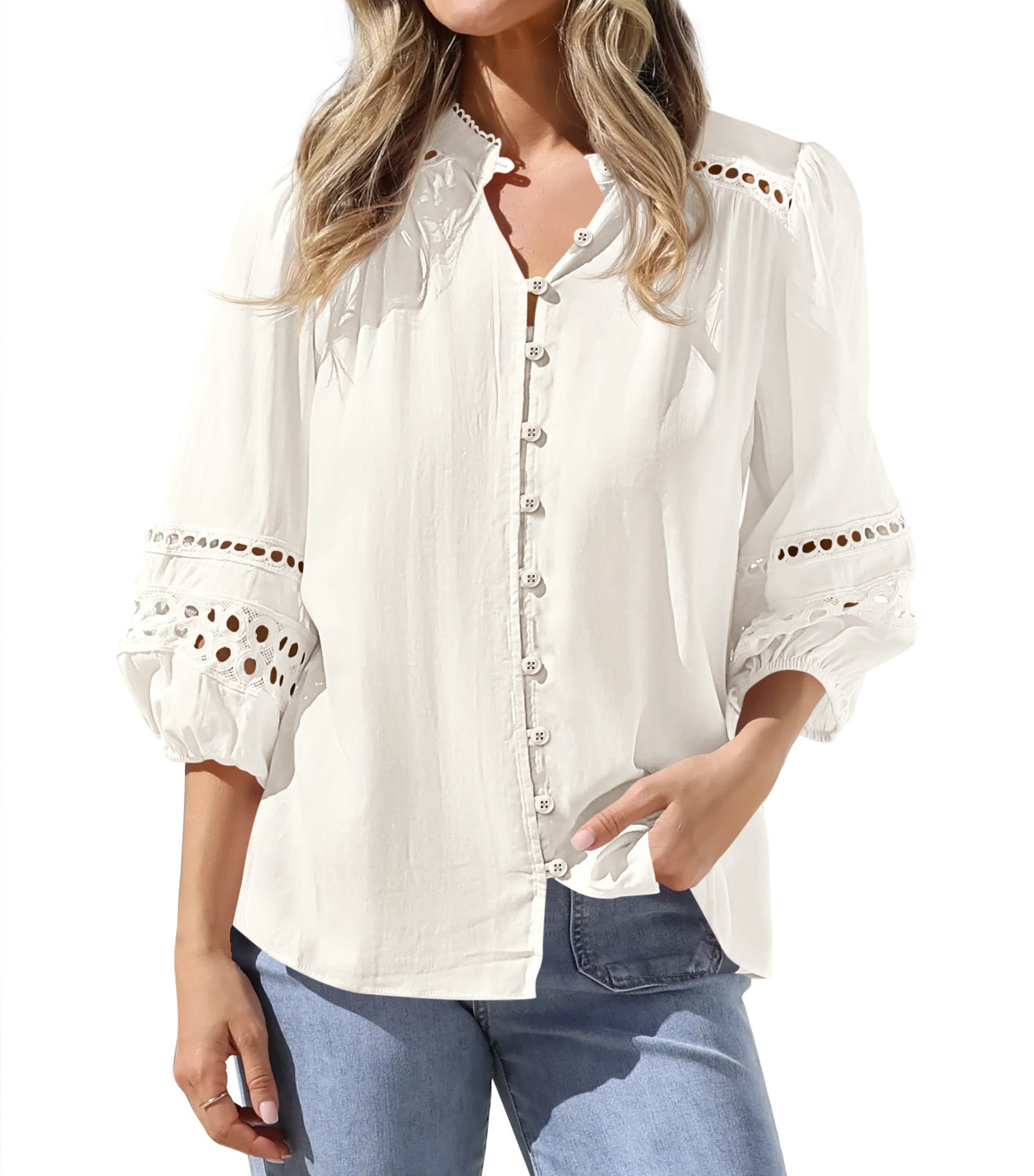 BTFBM 3/4 Length Sleeve Womens Tops Summer Blouses Eyelet Hollow Out Button Down Shirts Business Casual Outfits 2026