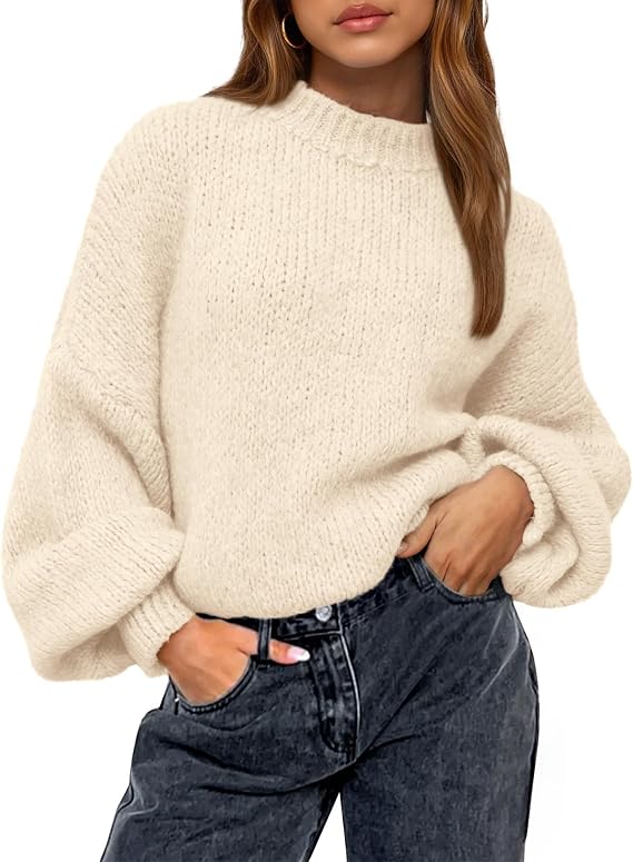 BTFBM Sweaters For Women Crew Neck Lantern Sleeve Oversized Sweater  Knit Tops, Loose Fit Pullover, Early Spring Fall Winter Womens Clothing Trendy 2026, Daily Wear, Casual Outfits