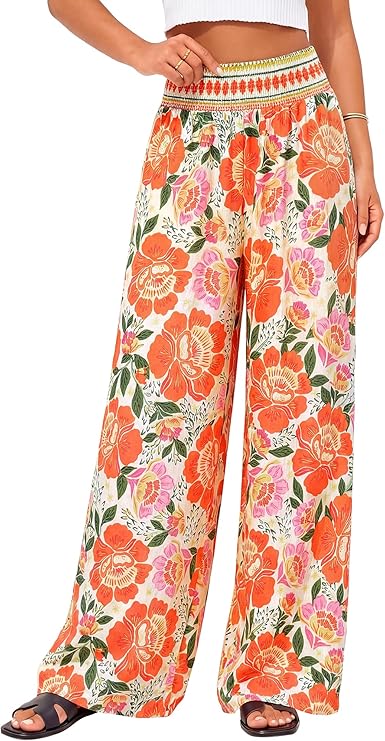 BTFBM Floral Wide Leg Pants Woman Spring Summer 2026 Smocked Elastic Waist Long Pant Resort Wear Beach Vacation Outfits