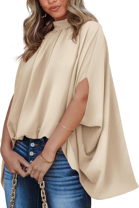 BTFBM Womens Summer Tops 2026 Mock Neck Batwing Sleeve Silk Satin Shirts Loose Oversized Dressy Casual Spring Blouses