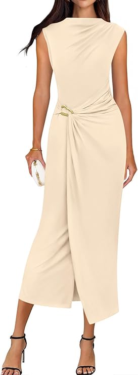 BTFBM Dresses for Women 2026 Summer Clothes Formal Bodycon Mock Neck Cap Sleeve Midi Party Cocktail Wedding Guest Dress
