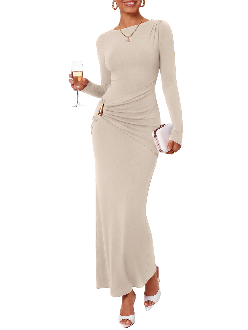 BTFBM Womens Long Sleeve Ruched Slit Maxi Wedding Guest Dress | Boat Neck, Bodycon, Semi Formal Dresses For Women Cocktail, Party, Homecoming, Date Night, Christmas, Holiday, Winter Outfits
