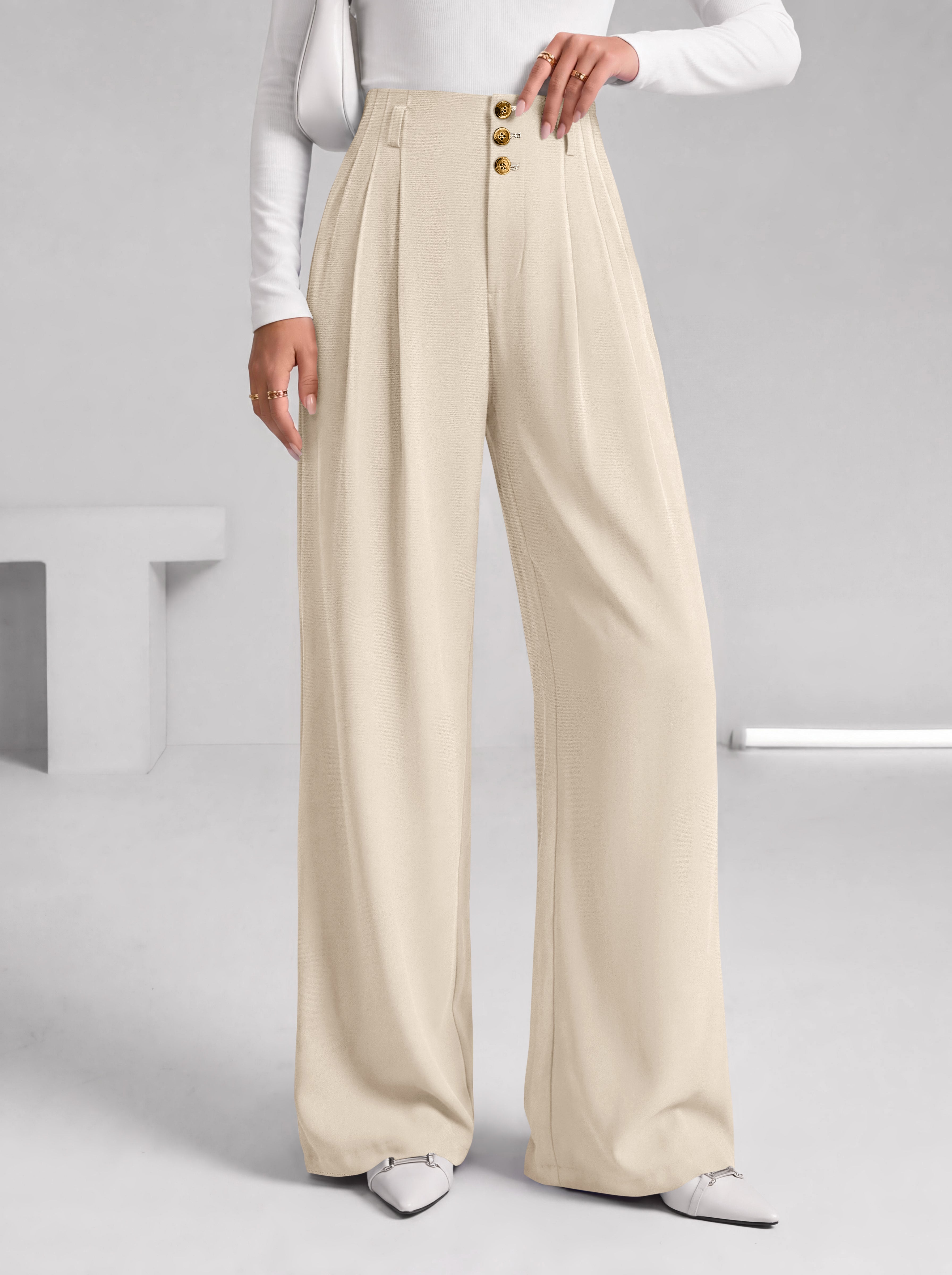 BTFBM Wide Leg Dress Pants Women Business Casual Outfits | Elastic High Waisted Palazzo Pants, Button Zip Up Closure, Pleated Office Work Trousers With Pockets, Fall Fashion 2026