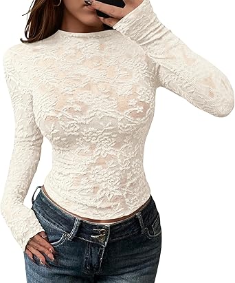 BTFBM Mesh Long Sleeve Tops for Women Lace Sexy Sheer Tight See Through Crew Neck Spring Fall 2026 Party Club Outfits