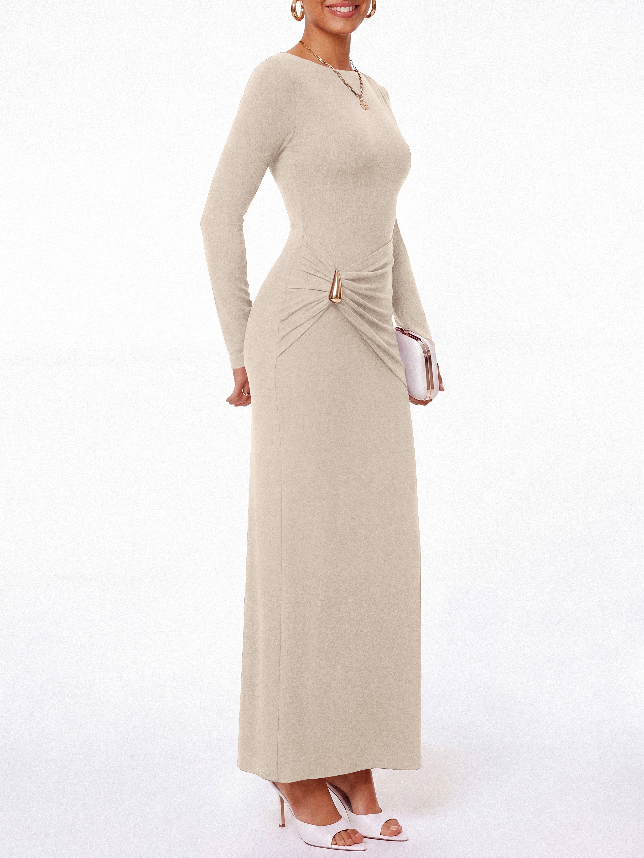 BTFBM Womens Long Sleeve Ruched Slit Maxi Wedding Guest Dress | Boat Neck, Bodycon, Semi Formal Dresses For Women Cocktail, Party, Homecoming, Date Night, Christmas, Holiday, Winter Outfits