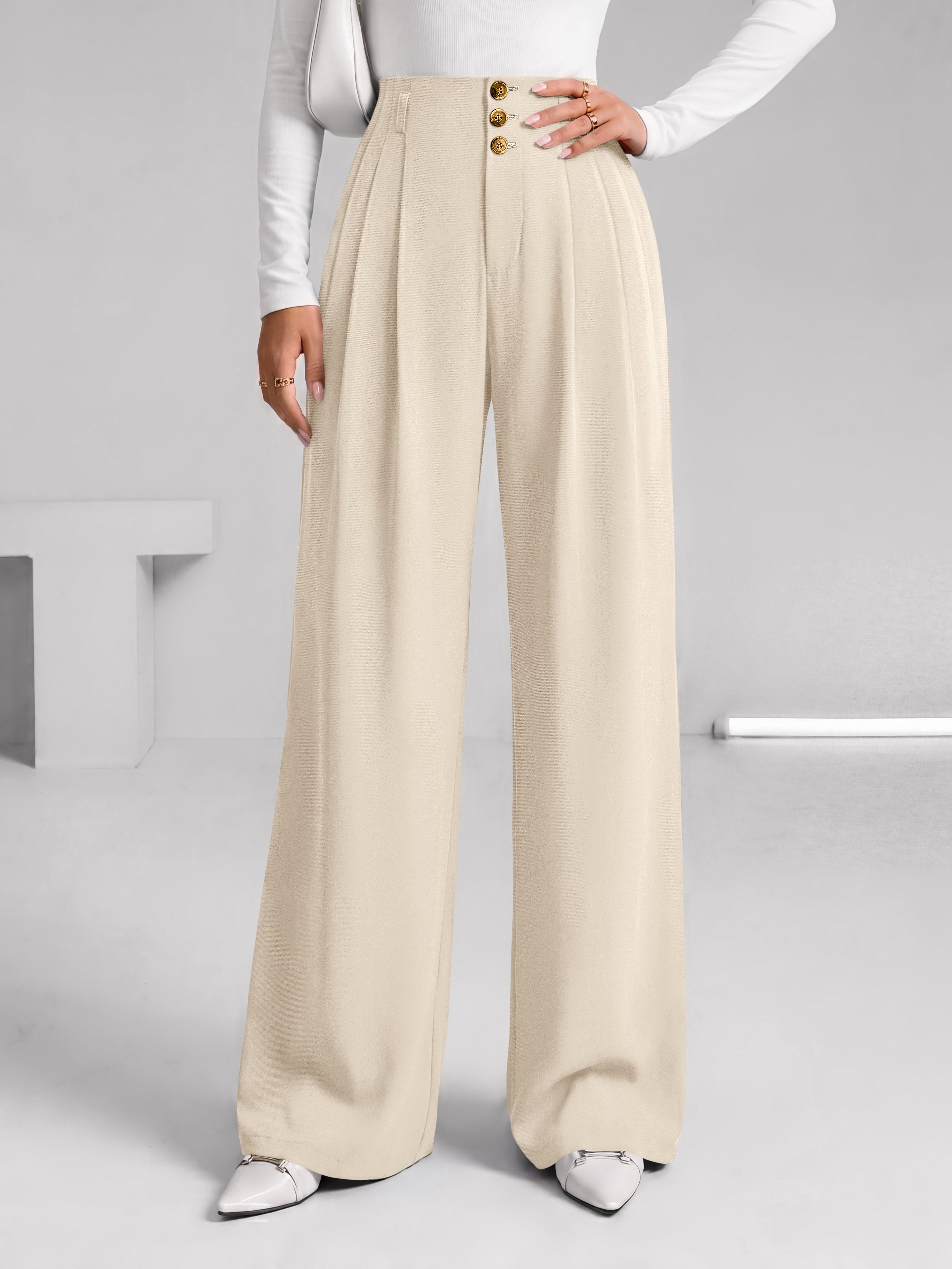 BTFBM Wide Leg Dress Pants Women Business Casual Outfits | Elastic High Waisted Palazzo Pants, Button Zip Up Closure, Pleated Office Work Trousers With Pockets, Fall Fashion 2026
