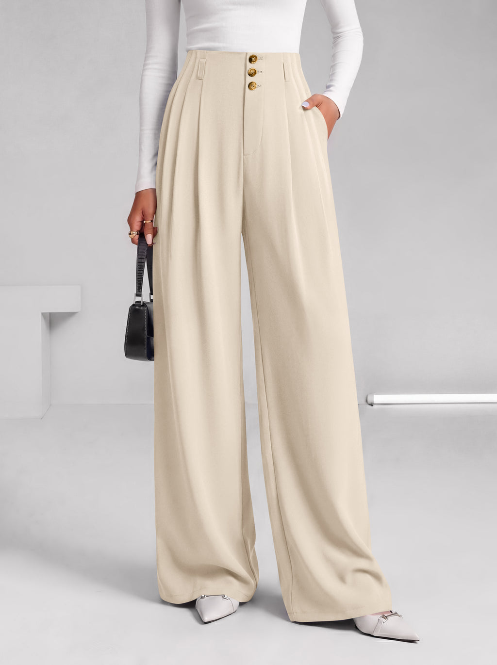 BTFBM Wide Leg Dress Pants Women Business Casual Outfits | Elastic High Waisted Palazzo Pants, Button Zip Up Closure, Pleated Office Work Trousers With Pockets, Fall Fashion 2026