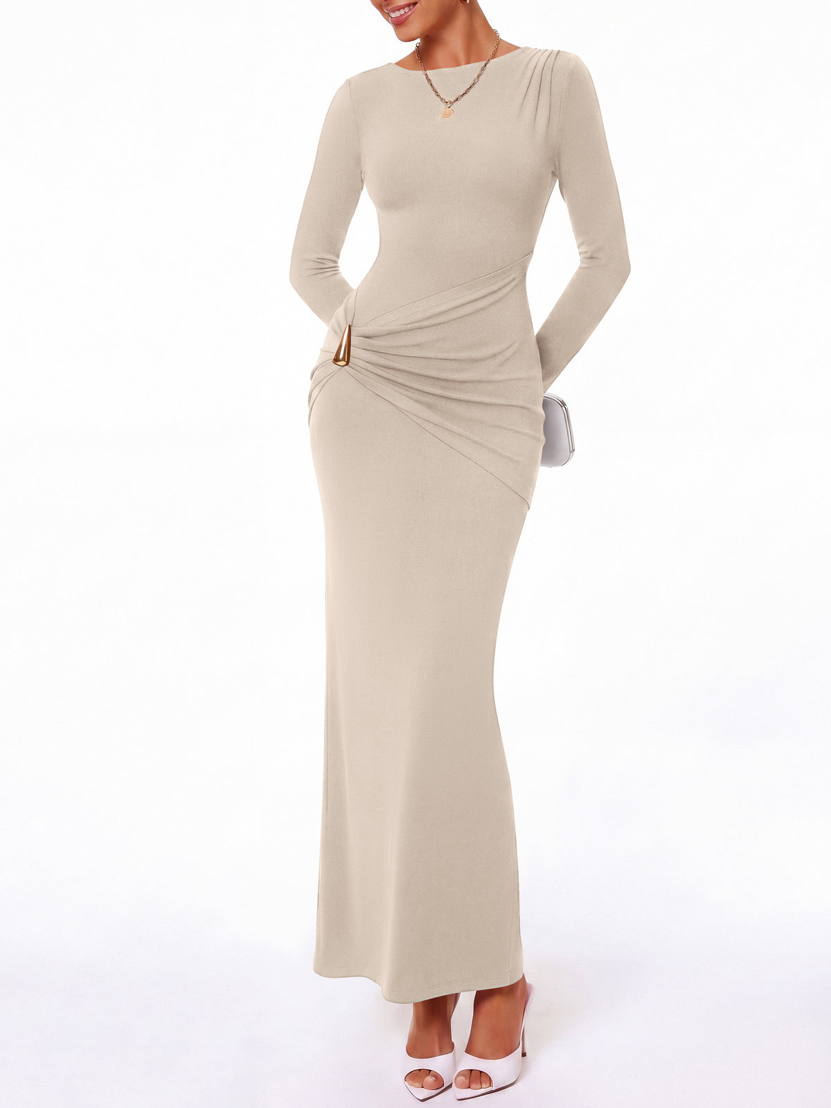 BTFBM Womens Long Sleeve Ruched Slit Maxi Wedding Guest Dress | Boat Neck, Bodycon, Semi Formal Dresses For Women Cocktail, Party, Homecoming, Date Night, Christmas, Holiday, Winter Outfits