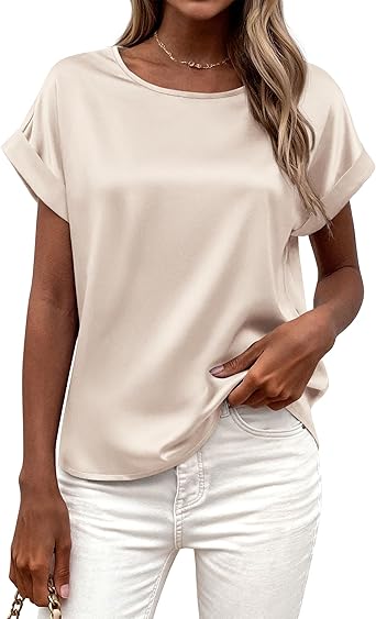 BTFBM Womens Summer Tops 2026 Satin Silk Crewneck Short Sleeve Shirts Work Business Outfits Spring Blouses Dressy Casual