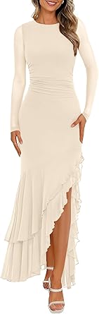 BTFBM Women's Maxi Dresses Spring 2026 Long Sleeve Ruched Bodycon Solid Ruffle Mermaid Cocktail Wedding Guest Dress