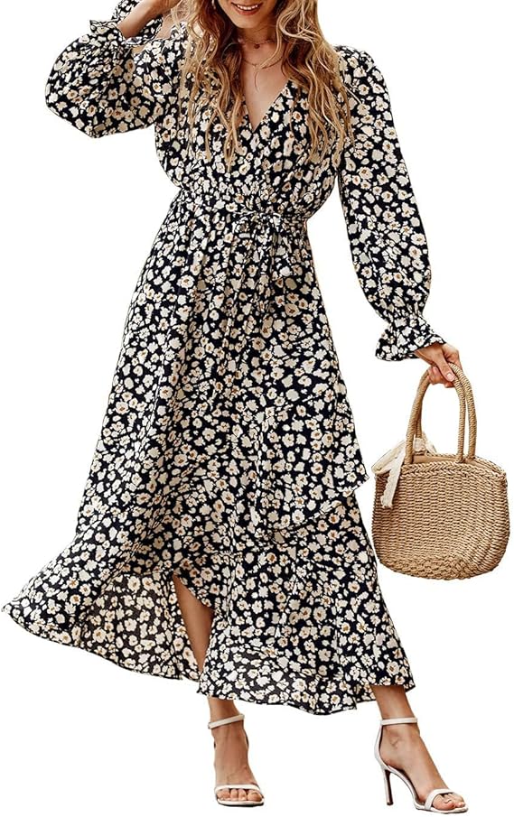 BTFBM Womens Dresses Summer 2026 V Neck Floral High Waist Ruffle Wedding Guest Cocktail Boho Spring Long Sleeve Dress