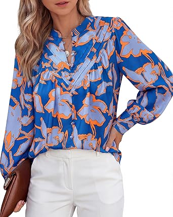 BTFBM Womens Tops Dressy Casual Spring 2026 Boho Floral V Neck Long Sleeve Half Button Down Shirt Work Business Blouses
