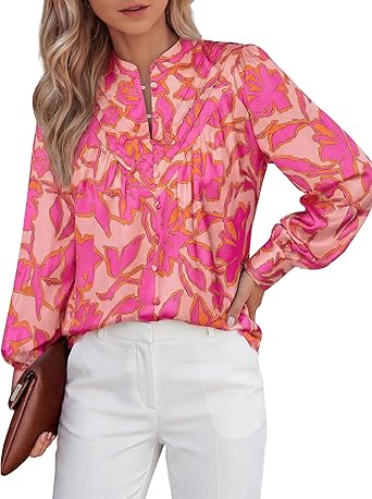 BTFBM Womens Tops Dressy Casual Spring 2026 Boho Floral V Neck Long Sleeve Half Button Down Shirt Work Business Blouses