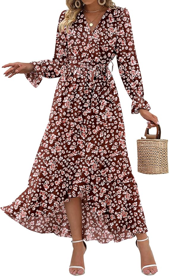 BTFBM Womens Dresses Summer 2026 V Neck Floral High Waist Ruffle Wedding Guest Cocktail Boho Spring Long Sleeve Dress