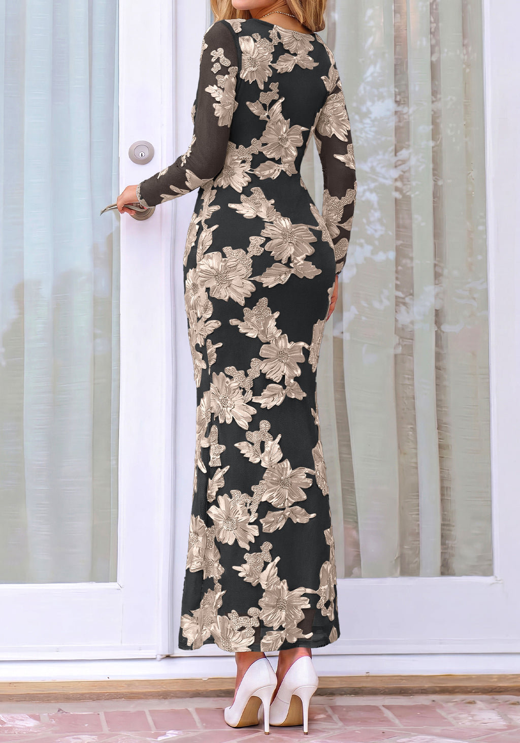 BTFBM Womens Long Sleeve Bodycon Floral Mesh Maxi Fall Wedding Guest Dress